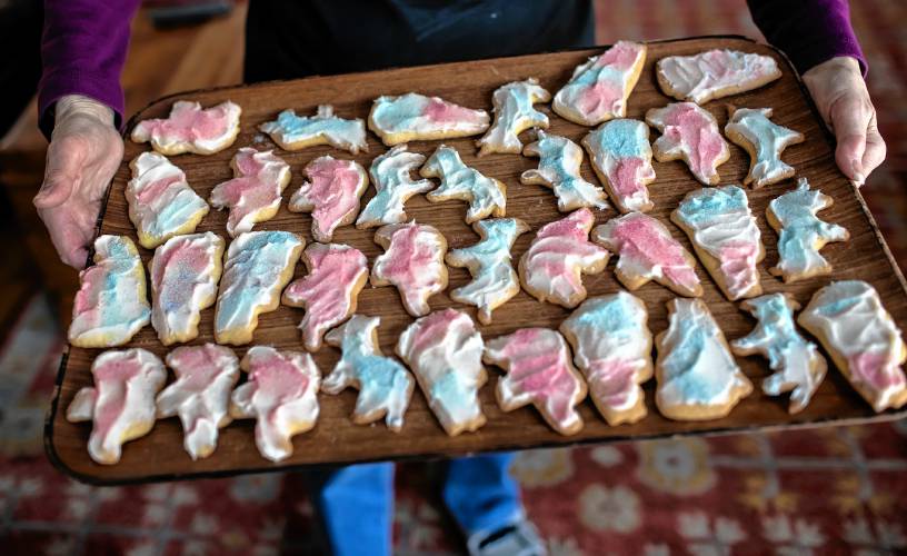 Janet DeVito holds a platter of her election cookies in her Hopkinton home on Monday, January 22, 2024.