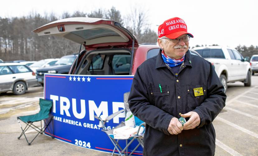 New Hampshire State Representative and Trump supporter Clayton Wood outside the Pittsfield Middle High School on Tuesday, January 22, 2024.