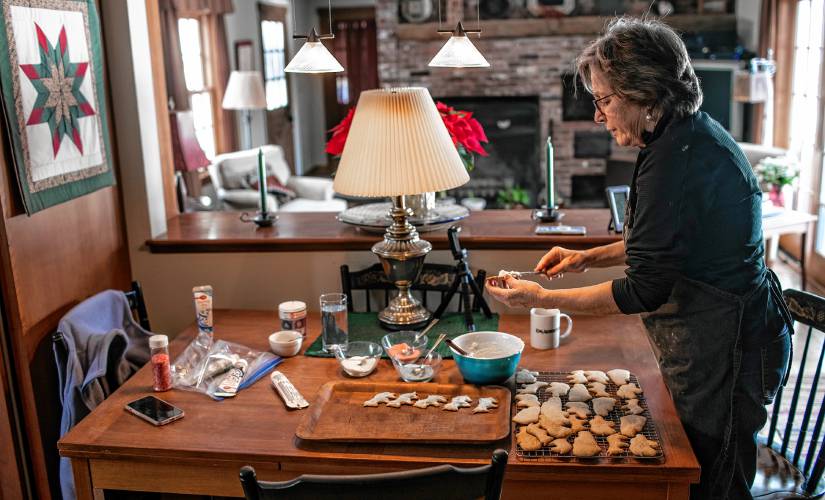 Leslie Manning puts frosting on Janet DeVito’s election cookies on Monday.