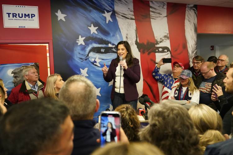 House Republican Conference Chair Elise Stefanik, R-N.Y., speaking at Team Trump New Hampshire headquarters, Saturday, Jan. 20, 2024, in Manchester, NH. (AP Photo/Pablo Martinez Monsivais)