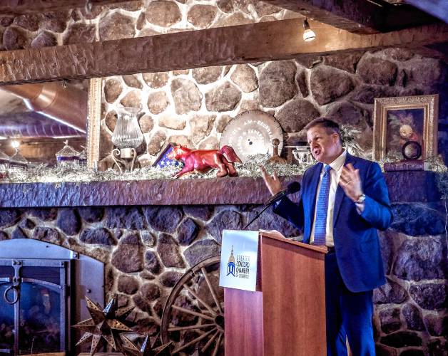 New Hampshire Governor Chris Sununu speaks at the last of his Concord Chamber of Commerce annual State of the State luncheons at the Red Blazer on Tuesday, March 25, 2024.