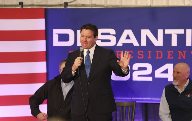 Republican presidential candidate Florida Gov. Ron DeSantis speaks at a rally on Tuesday, Jan. 16, 2024, in Greenville, South Carolina. (AP Photo/Jeffrey Collins)