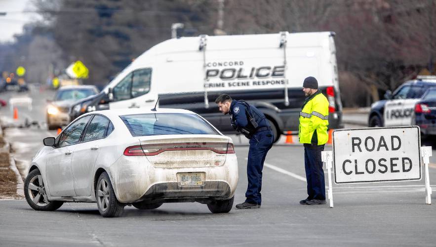 Concord police re-direct traffic onto Bog Road as they investigate an early morning accident on Fisherville Road in Concord on Wednesday, February 21, 2024,