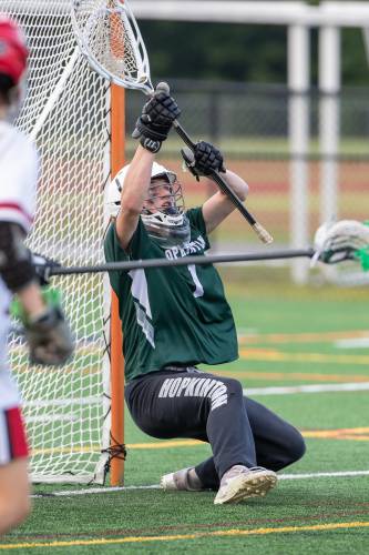 Hopkinton’s Colby Boissy makes a save in the first half of the NHIAA Division III boys’ lacrosse championship on Sunday, June 11, 2023, at Exeter High School's Bill Ball Stadium. Boissy – then a first-year goalie – made 13 saves to help lead the No. 5 Hawks to a 7-4 victory over No. 2 Campbell. Boissy is back for another season between the pipes as the Hawks look to make another run at the title.