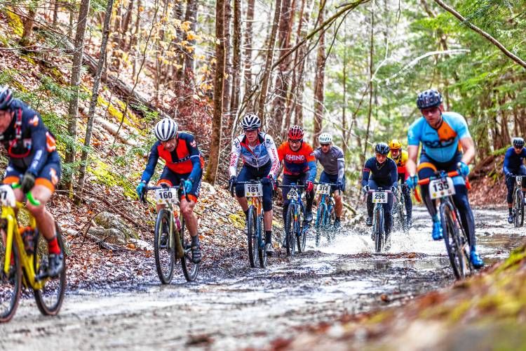 Riders participating in the third annual Pavement Ends Gravel Race that took cyclists through Henniker, Weare and Deering on April 6, 2024.