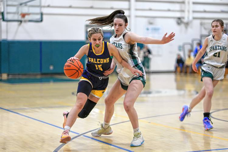 Bow senior Juliette Tarsa (15) tries to dribble by Pembroke's Kaitlin Arenella during the Division II quarterfinal at Pembroke Academy.
