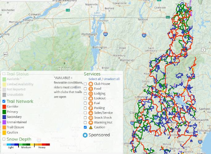 The NH Snowmobile Trail Map shows approximately 7,000 miles of trails across the state.