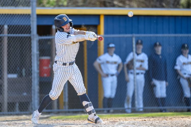 Bow’s Owen Webber connects with the baseball during a Division II home game against Coe-Brown on Friday. Webber finished the game with two hits and caught a great game behind the plate as the Falcons defeated the Bears, 12-0, in five innings.