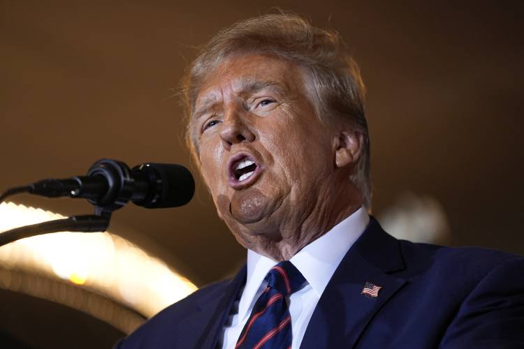 Republican presidential candidate former President Donald Trump speaks at a primary election night party in Nashua, N.H., Tuesday, Jan. 23, 2024. (AP Photo/Matt Rourke) 