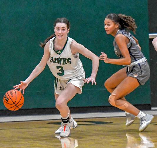 Hopkinton’s Shaylee Murdough (left) drives past Merrimack Valley’s Jada Lucas during a Capital Classic tournament game on Dec. 27. Murdough, Hopkinton’s leading scorer, is averaging over 12 points a game, and scored a game-high 17 points in her team’s 44-40 overtime victory over Kearsarge on Friday. Hopkinton is currently on top of the Division III standings with a 7-0 record. 