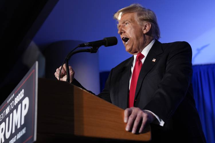 Republican presidential candidate former President Donald Trump speaks at a campaign event in Portsmouth, N.H., Wednesday, Jan. 17, 2024. (AP Photo/Matt Rourke)