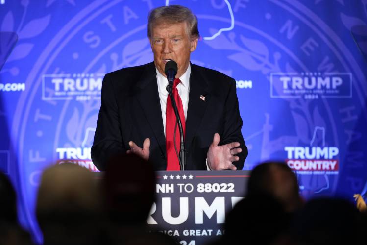 Republican presidential candidate former President Donald Trump speaks at a campaign event in Portsmouth, N.H., Wednesday, Jan. 17, 2024. (AP Photo/Matt Rourke)