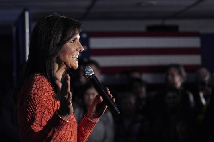 Republican presidential candidate former UN Ambassador Nikki Haley addresses a gathering at a V.F.W. hall during a campaign stop, Monday, Jan. 22, 2024, in Franklin, N.H. (AP Photo/Charles Krupa)