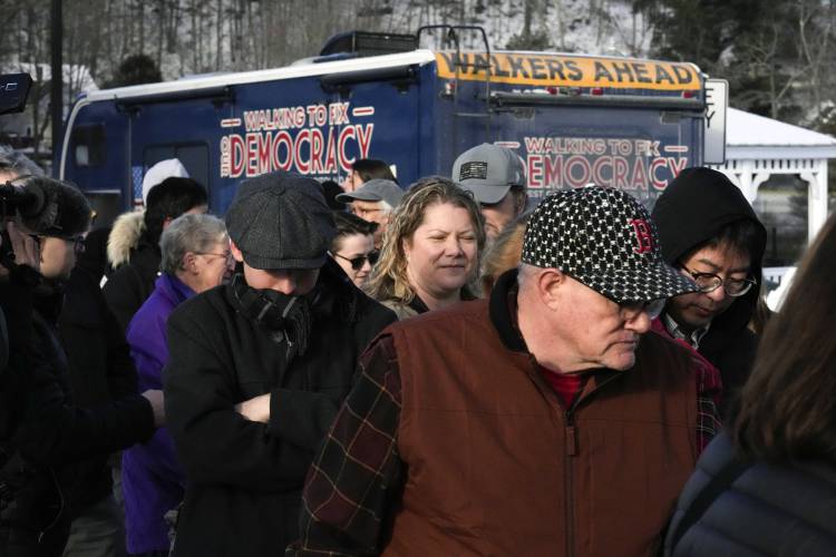 Reporters wait for Republican presidential candidate former UN Ambassador Nikki Haley, outside the VFW, ahead of a campaign stop in Franklin, N.H., Monday, Jan. 22, 2024. (AP Photo/Charles Krupa)