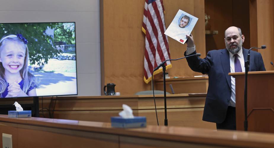 Senior Assistant New Hampshire Attorney General Benjamin Agati shows the jury a photograph of the defendant during closing arguments in Adam Montgomery's trial, Wednesday, Feb. 21, 2024, in Manchester, N.H. Montgomery is accused of killing his 5-year-old daughter Harmony, pictured at left. (Jim Davis/The Boston Globe via AP, Pool)
