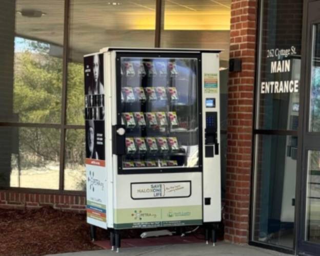 A vending machine with the overdose-reversal drug naloxone outside the Mt. Eustis Commons building on Cottage Street in Littleton. The machine provides up to six free doses of naloxone at a time and is anonymous to use.