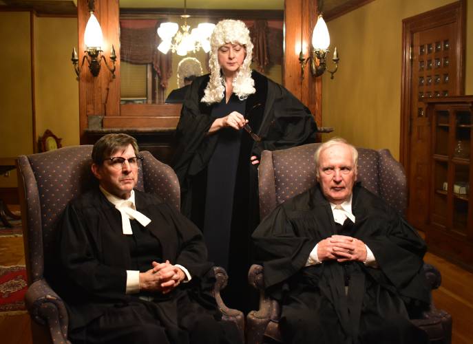 Chris Connell and John Conlon  play sparring barristers. Valerie Kehr (standing) is Justice Wainwright.