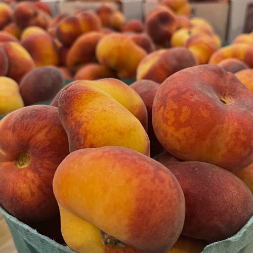This image provided by Brown's Orchards & Farm Market in Loganville, Pennsylvania, shows freshly harvested yellow Saturn donut peaches.