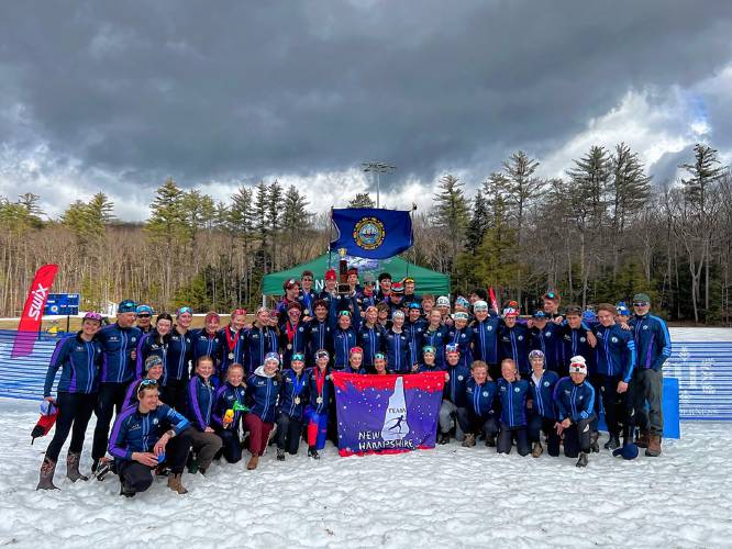 Team New Hampshire celebrates its first Eastern High School Championships win in almost three decades at the Holderness School on March 17, 2024.