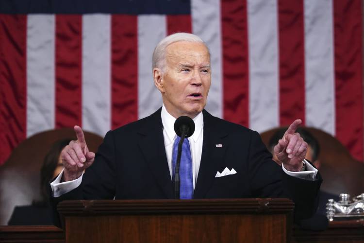 President Joe Biden delivers the State of the Union address to a joint session of Congress at the Capitol, on March 7, 2024, in Washington. 
