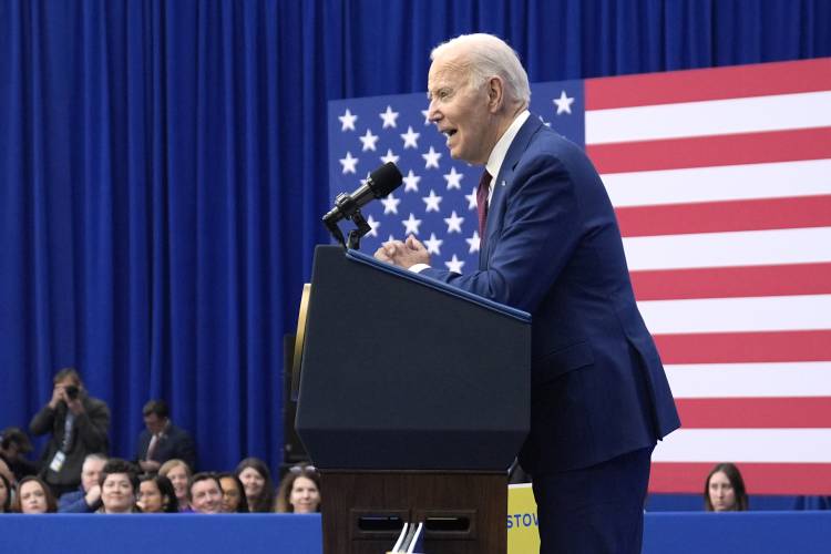 President Joe Biden delivers remarks on lowering prices for American families during an event at the YMCA Allard Center, Monday, March 11, 2024, in Goffstown, N.H. (AP Photo/Evan Vucci)