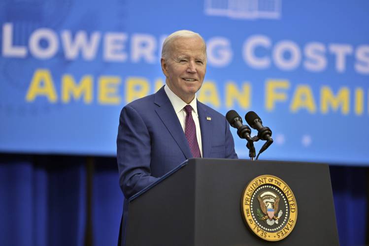 President Joe Biden delivers remarks on lowering prices for American families during an event at the YMCA Allard Center, Monday, March 11, 2024, in Goffstown, N.H. (AP Photo/Josh Reynolds)