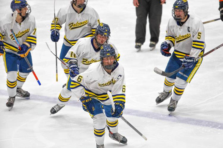 Bow captain Billy Smethurst (6) celebrates after scoring the game-winning goal on the power play during a hockey game against Keene at Everett Arena on Saturday, December 16, 2023. Bow won the game 2-1. Chip Griffin / Photos By Chip
