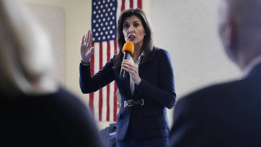 Republican presidential candidate former UN Ambassador Nikki Haley talks to students, parents and educators during a campaign stop at the Polaris Charter School, Friday, Jan. 19, 2024, in Manchester, N.H. (AP Photo/Charles Krupa)