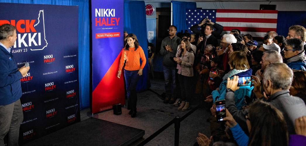 Republican candidate Nikki Haley  is introduced by New Hampshire Governor Chris Sununu at the VFW 1698 in Franklin on Monday morning.