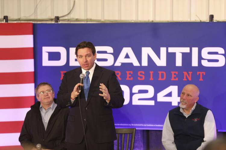 Republican presidential candidate Florida Gov. Ron DeSantis speaks at a rally on Tuesday, Jan. 16, 2024, in Greenville, S.C. (AP Photo/Jeffrey Collins)