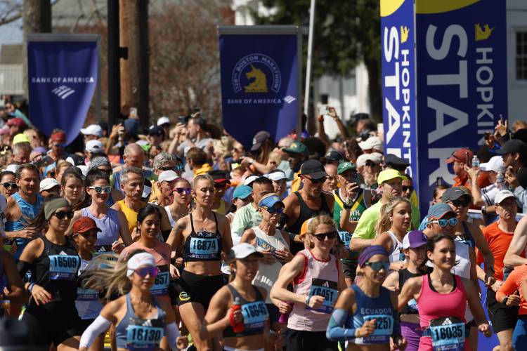 A wave of runners start the Boston Marathon, Monday, April 15, 2024, in Hopkinton, Mass. (AP Photo/Mary Schwalm)