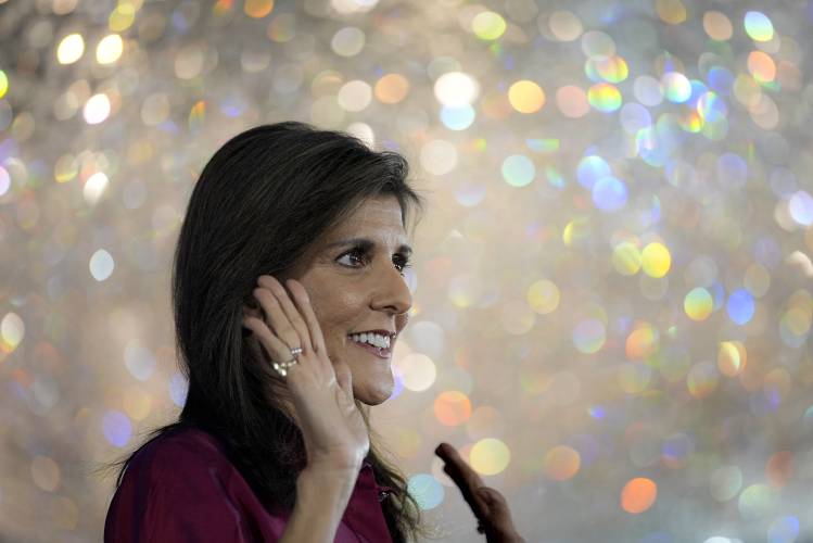 Republican presidential candidate former UN Ambassador Nikki Haley attends a caucus night watch party in West Des Moines, Iowa, Monday, Jan. 15, 2024. (AP Photo/Carolyn Kaster)