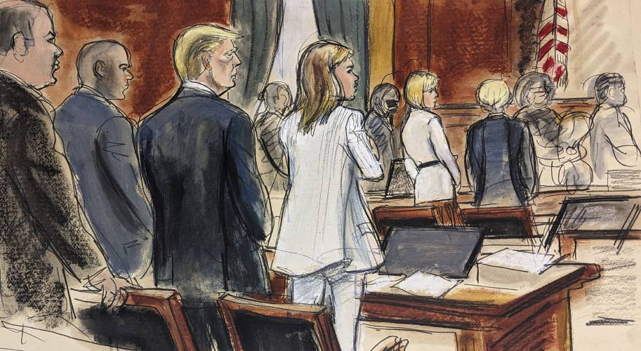 In this courtroom sketch, prospective jurors file into the courtroom as Donald Trump, third left, stands surrounded by his defense team. Alina Habba, fourth left, Trump's lead defense attorney, stands beside him. E. Jean Carroll, background second from right, stands with her attorney Roberta Kaplan, Tuesday, Jan. 16, 2024, in New York. (AP Photo/Elizabeth Williams)