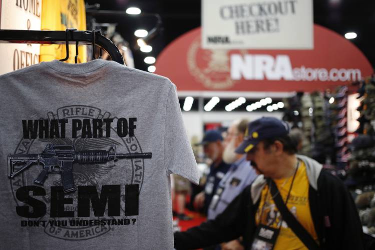 Shirts are displayed for sale on the exhibit floor during the National Rifle Association’s meeting in Louisville, Kentucky, on May 20, 2016. Shirts are displayed for sale on the exhibit floor during the National Rifle Association’s meeting in Louisville, Kentucky, on May 20, 2016.