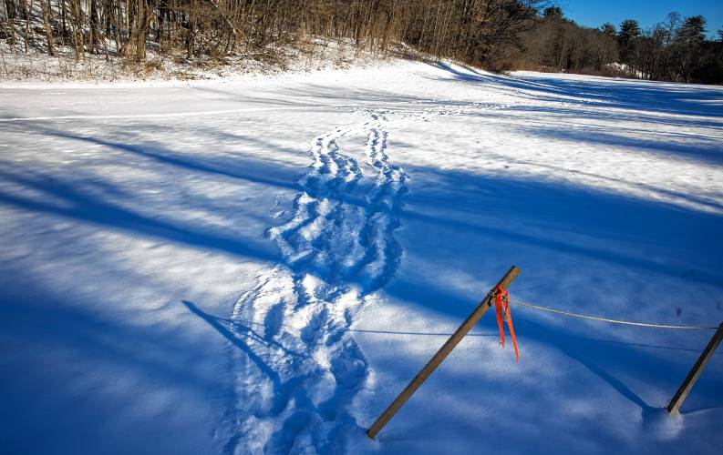 Foot tracks on the Warner Rail Trail on the east side of the Warner River.