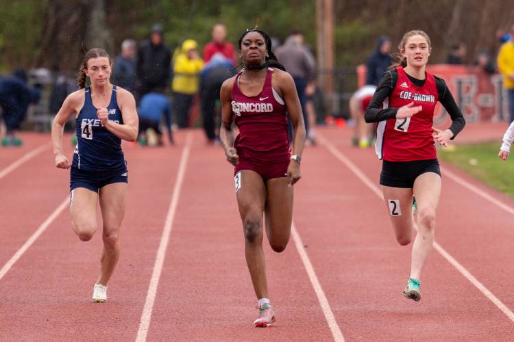 Concord’s Grace Saysaw (center) and Coe-Brown’s Lilah Fitzpatrick (right) compete in the 100-meter dash finals at the Black Bear Invitational at Coe-Brown Northwood Academy on Saturday. Saysaw won both the 100 and 200 titles, and anchored the Crimson Tide’s runner-up 4x100 relay to lead Concord to fourth place as a team. Fitzpatrick finished second in the 100 finals, helping host Coe-Brown finish third in the girls’ standings.