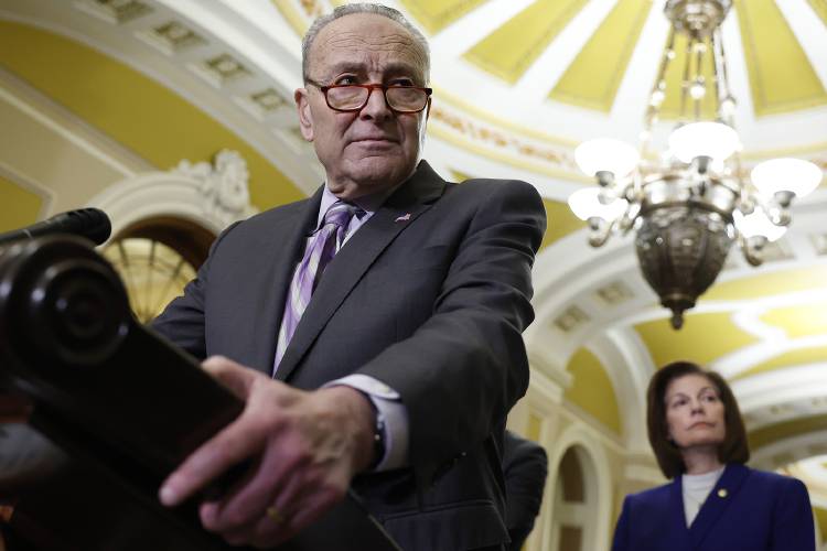 Senate Majority Leader Chuck Schumer, D-N.Y., speaks at a news conference after a weekly policy luncheon with Senate Democrats at the U.S. Capitol Building on Feb. 6, in Washington, D.C. Senate Majority Leader Chuck Schumer, D-N.Y., speaks at a news conference after a weekly policy luncheon with Senate Democrats at the U.S. Capitol Building on Feb. 6, in Washington, D.C.