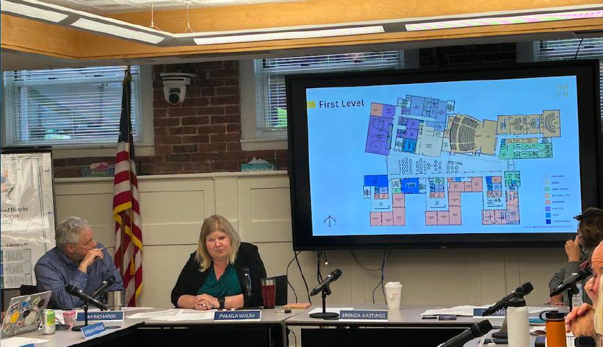Current Concord School Board president Pamela Walsh and former president Jim Richards look on during a cost estimate presentation for the middle school project on June 6, 2024. Current Concord School Board president Pamela Walsh and former president Jim Richards look on during a cost estimate presentation for the middle school project on June 6, 2024.