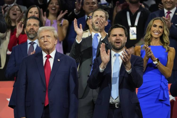 Presidential candidate former President Donald Trump appears with vice presidential candidate JD Vance, R-Ohio, during the Republican National Convention on Monday.