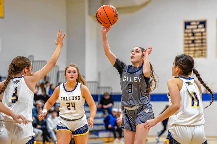 Merrimack Valley’s Taiylor Stinson takes a shot during a game at Bow High School on Tuesday. MV won 63-42. 