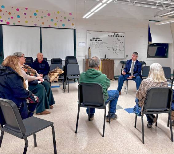 SAU 53 superintendent candidate Daniel Moulis speaks to parents at a Meet the Candidates night at Pembroke Academy on Thursday, March 6, 2025.
