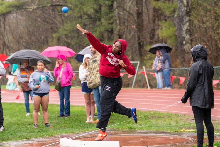 Concord’s Consuelo Borico tosses the shot put at the Black Bear Invitational at Coe-Brown Northwood Academy on Saturday. Borico won the shot put title with a toss of 34 feet, 6.25 inches to help lead Concord to fourth place as a team.