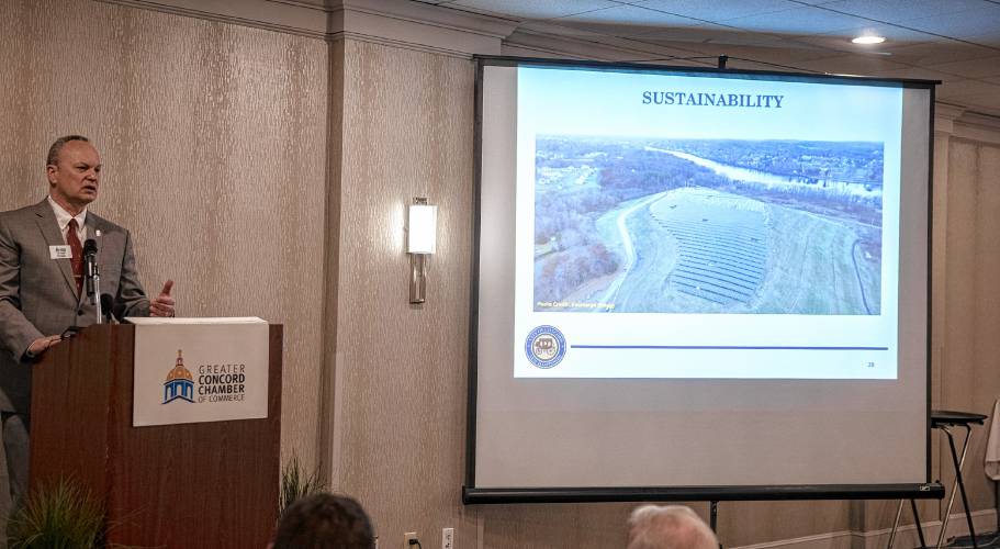 Concord City Manager Tom Aspell speaks to the crowd at the Holiday Inn on Thursday morning at the State of the City address.