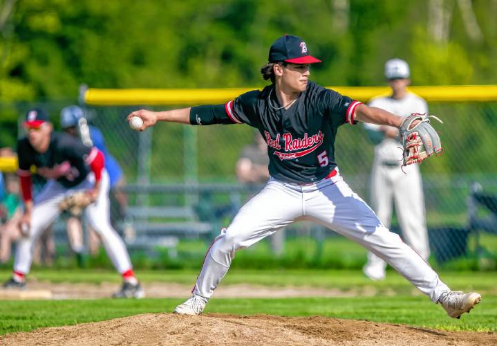 Belmont pitcher Michael Collette pitches against Monadnock on Monday, May 13, 2024.