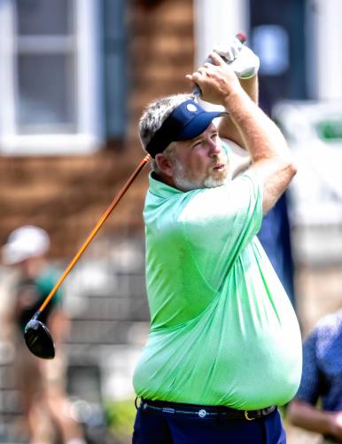 Jim Cilley tees off at the first hole at Concord Country Club during Tuesday’s second round of state amateur qualifying. Cilley shot 76-70-146 to make the match-play cut.