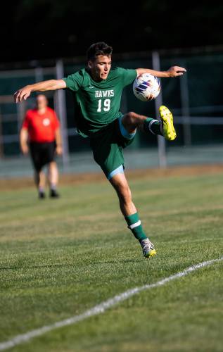 Hopkinton forward Nolan Linstad, shown earlier this month, scored two goals in the Hawks’ 7-0 shutout of Conant on Tuesday. Hopkinton forward Nolan Linstad, shown earlier this month, scored two goals in the Hawks’ 7-0 shutout of Conant on Tuesday.