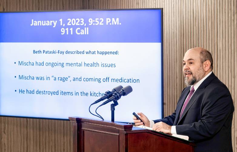 Senior Assistant Attorney General Benjamin Agati presents the findings of the officers invovled in fatal shooting of Mischa Fay on January 1, 2023 in Gilford. The finding was legally justifiable use of deadly force by Gilford police released at a press conference at the Department of. Justice in Concord on Thursday, January 25, 2024.