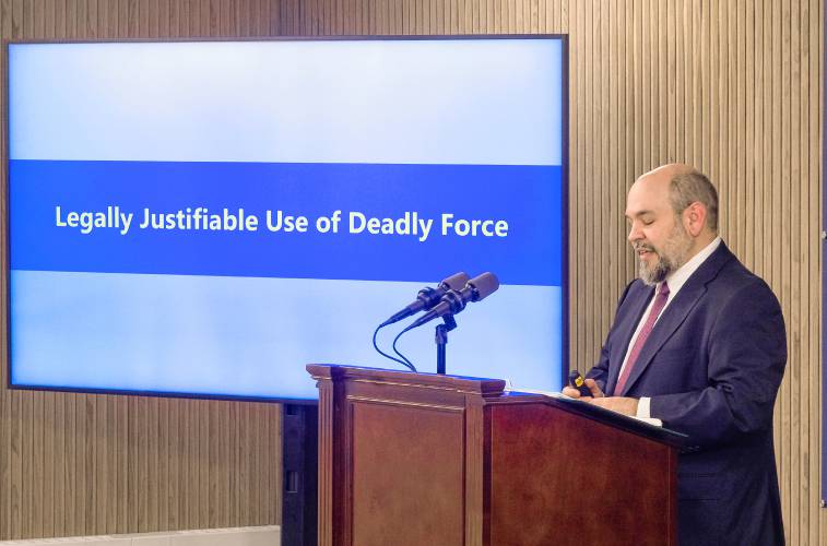 Senior Assistant Attorney General Benjamin Agati presents the findings of the officers invovled in fatal shooting of Mischa Merrill Fay on January 1, 2023 in Gilford. The finding was legally justifiable use of deadly force by Gilford police released at a press conference at the Department of. Justice in Concord on Thursday, January 25, 2024.
