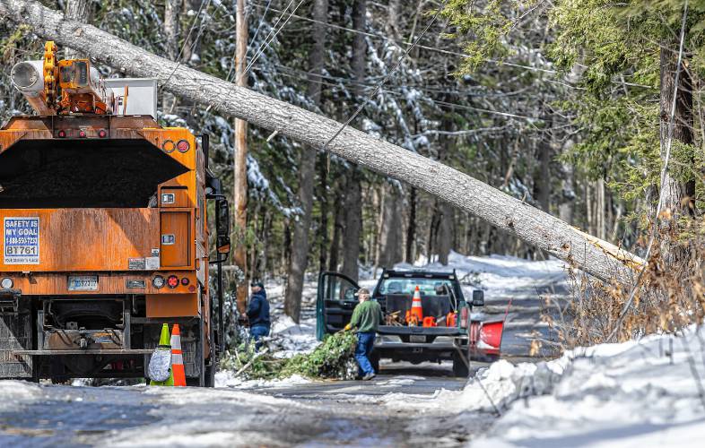 Hopkinton work crews clear off branches as a tree service truck waits for Eversource crews come and ground wires where a treed hands on the wires on Dustin Road in Hopkinton on Monday, March 25, 2024.