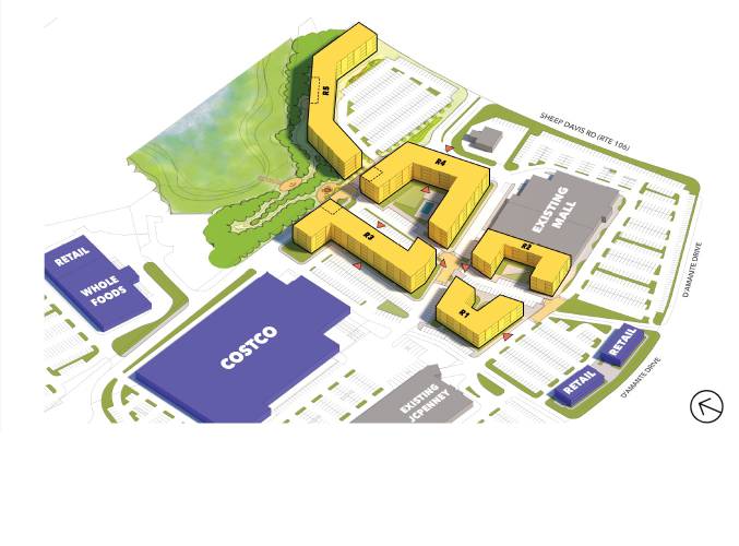 Axonometric view of proposed development of Steeplegate Mall/Regal Cinema site